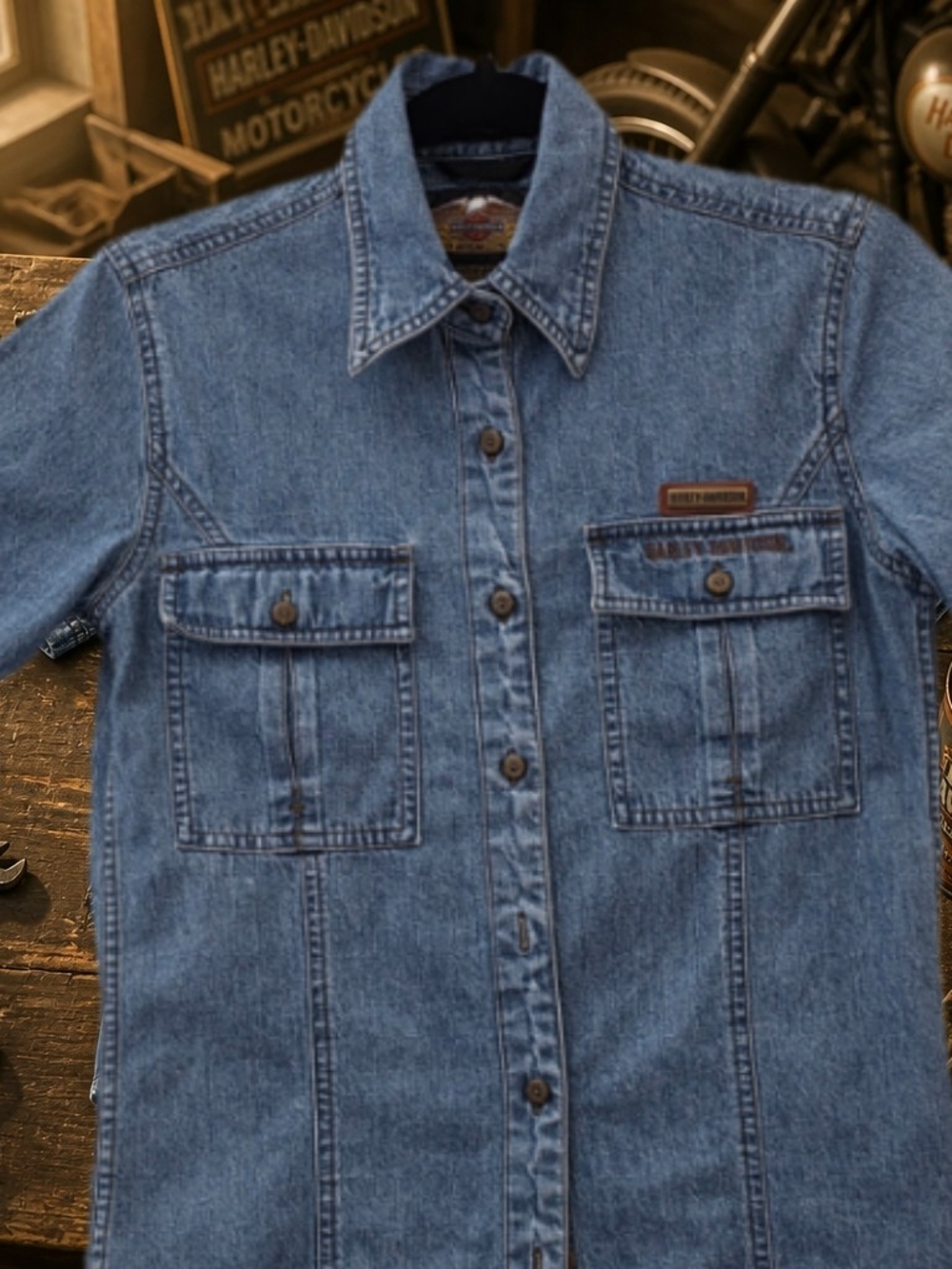 📣 Vintage Y2K Harley-Davidson Denim Shirt 👕 Button Down Embroided Logo XS 😍 - Picture 6 of 11
